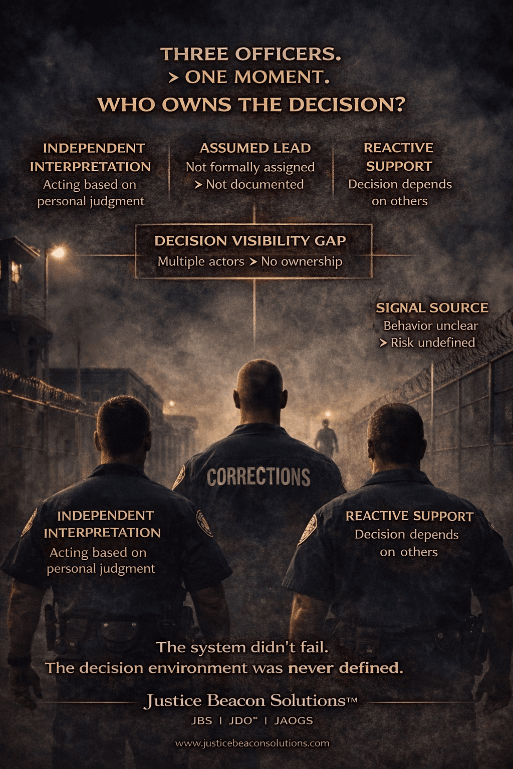 Three officers walking -- who owns the decision? The decision visibility gap in justice environments.
