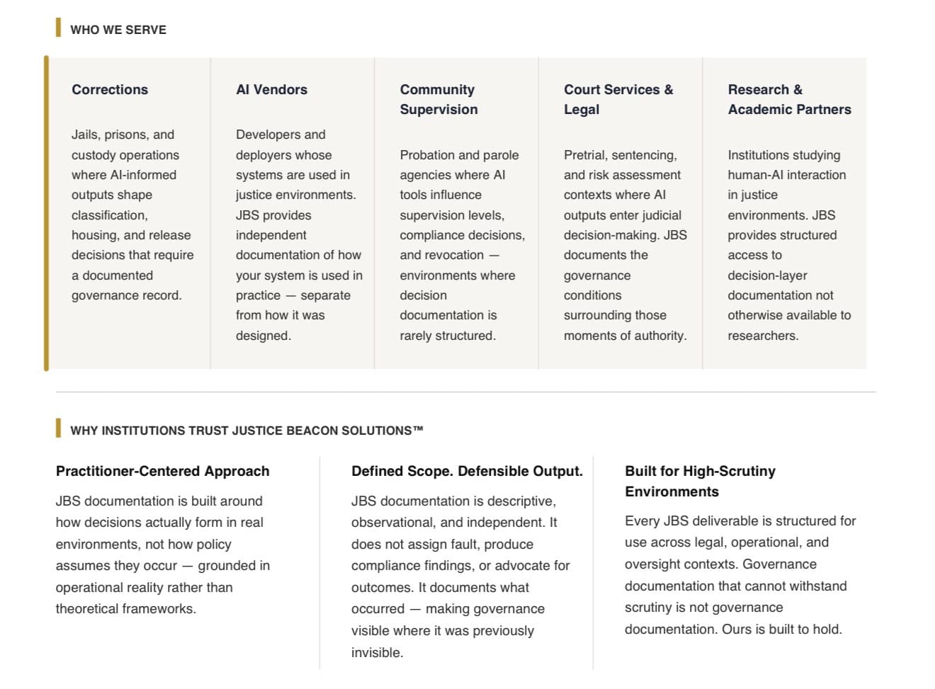 Who We Serve and Why Institutions Trust Justice Beacon Solutions -- corrections, AI vendors, community supervision, court services, research partners, practitioner-centered approach, defined scope, built for high-scrutiny environments